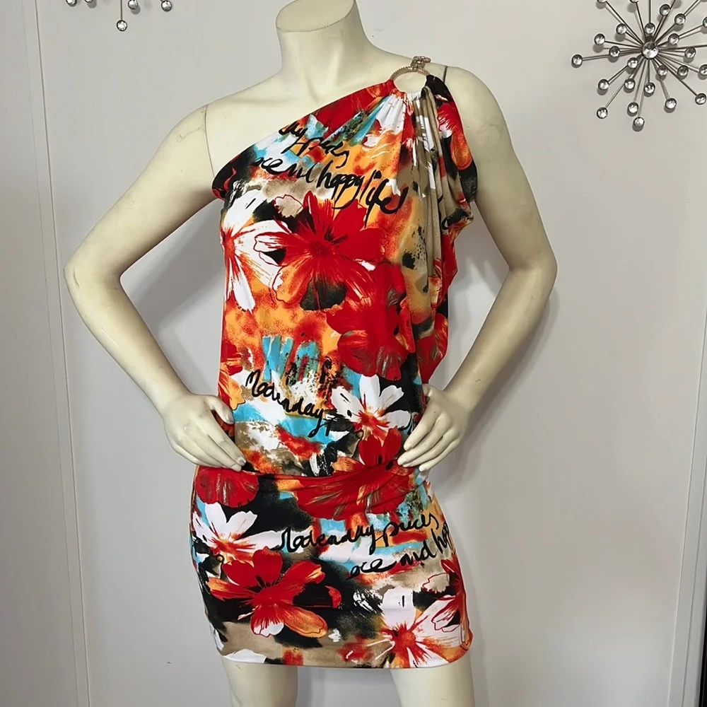 CACH’E One Shoulder, Flower Print Mini Dress - Picture 1 of 12